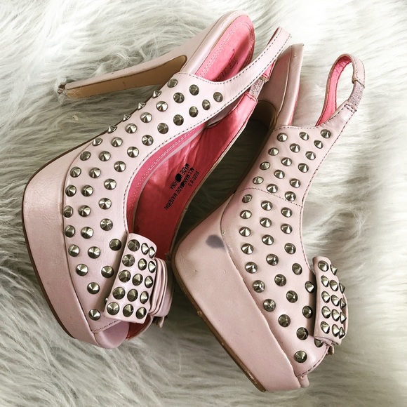 Nude Studded Sling Back High Heels Bow Open Toed - Picture 2 of 5